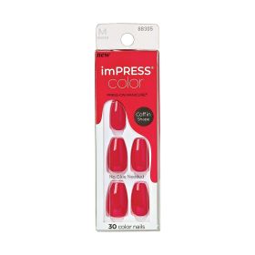 KISS imPRESS Color Long-Lasting Medium Coffin Press-On Nails, Solid Red, 30 Pieces - KISS USA